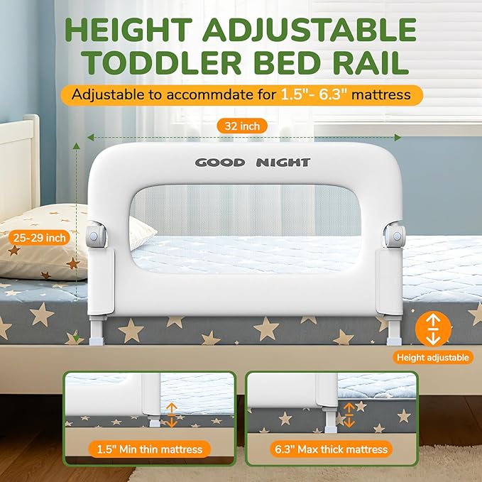 Bed Guard Rail for Toddlers - 32" Adjustable Heights & Folding up Portable Bed Railing for Baby - Toddler Bed Rails Guard for Crib, Twin, Bunk,Full Size, Queen & King Bed(White)