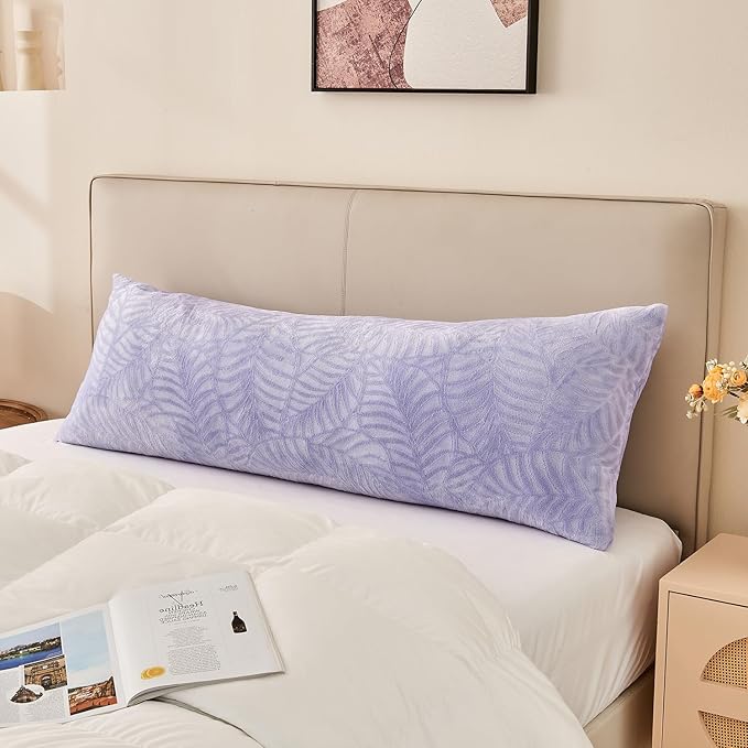 SOCHOW Body Pillow Cover 21x54 Inches, Super Soft and Cozy Leaves Textured Fleece Long Body Pillowcase with Zipper Closure,1 Pack, Lilac