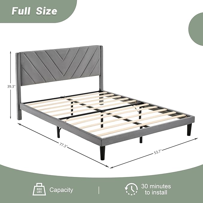 Full Bed Frame with Headboard, Bed Frame Full Size with Sturdy Wooden Slats Support, Platform Bed Frame with Velvet Upholstered Headboard, Mattress Foundation, Easy Assembly, No Box Spring Needed
