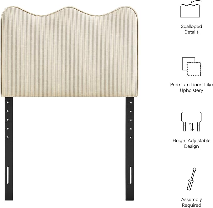 Monday Athena Striped Fabric Upholstered Twin Size Adjustable Headboard in Oatmeal Stripe - with Scalloped Wave Design and Soft Linen-Like Fabric