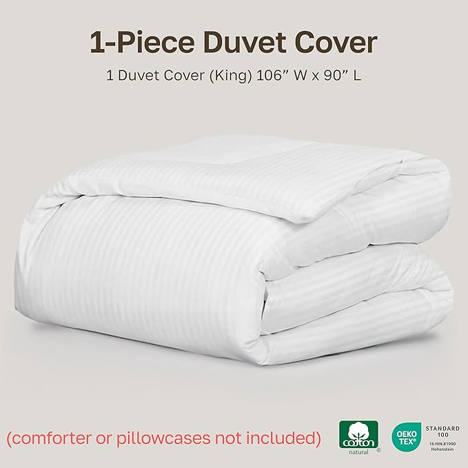 California Design Den Striped White Duvet Cover King Size Only - Premium 400 Thread Count, 100% Cotton Sateen, Button Closure & Corner Ties - White