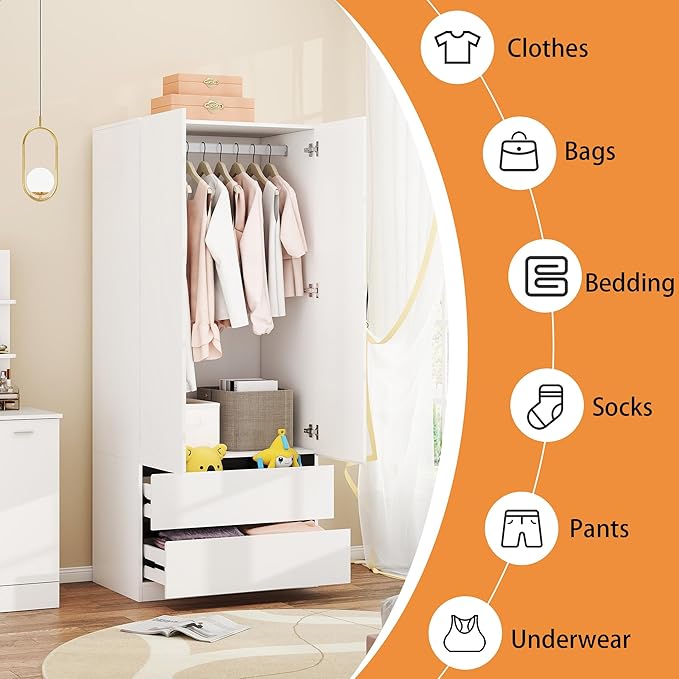 Armoire Wardrobe Closet with Drawers：75" Large White Wardrobe Closet Cabinet with 2 Doors for Hanging Clothes, Modern Wooden Bedroom Armoires with 2 Drawers and Storage (A-Style, 31.5")