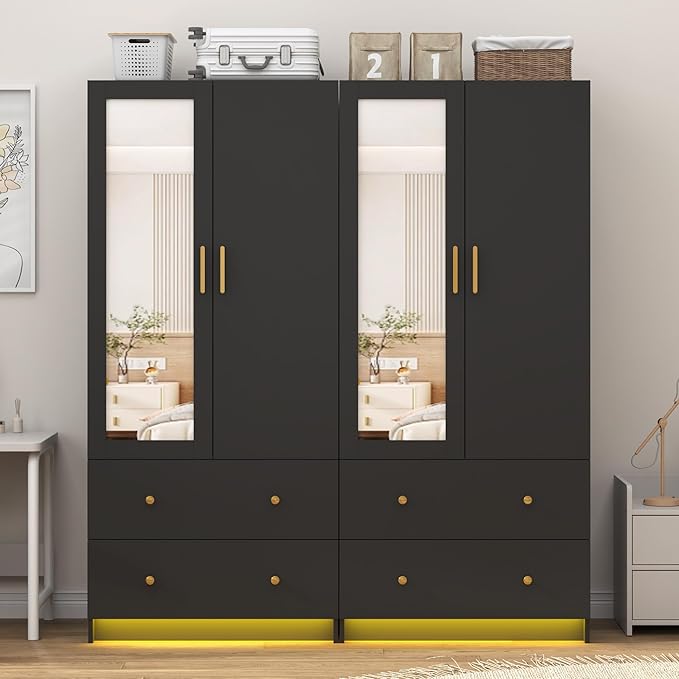jiteentarou 2 Door Wardrobe Closet with Mirrors and LED Lights, Small Bedroom Armoire with Drawers, Modern Wooden Armoire Wardrobe Closet with Hanging Rod for Bedroom, Black