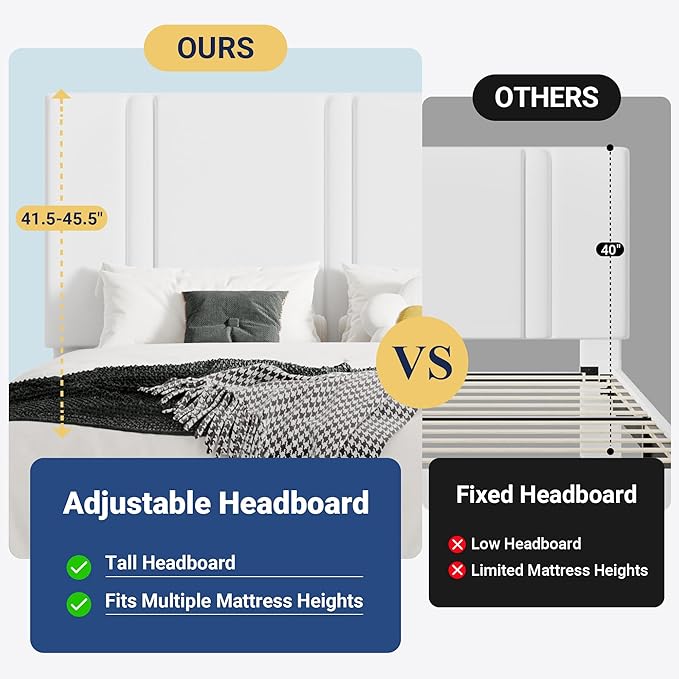 Allewie Queen Platform Bed Frame with Adjustable Headboard, Plush Velvet Upholstered, Vertical Channel Tufted, Sturdy Wooden Slats, No Box Spring Needed, Easy Assembly, White