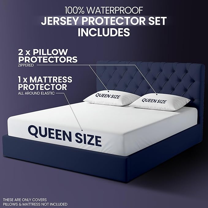 Waterproof Mattress Protector and Pillow Cases, Queen Size, Includes +2 Zippered Pillow Protectors and 1 Mattress Cover Set, Fitted Sheet Style Deep Pockets with All Around Elastic