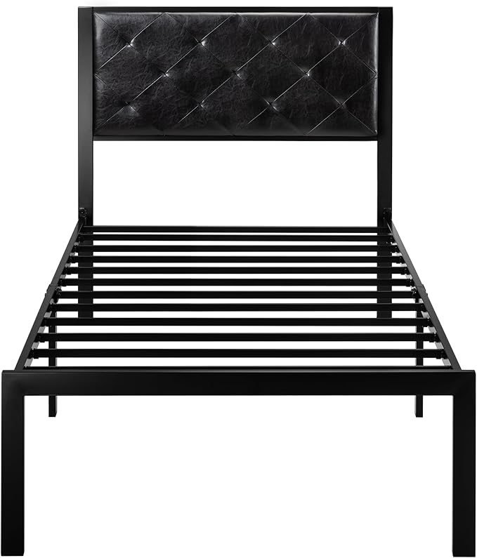 SHA CERLIN Twin Size Metal Platform Bed Frame, PU Leather Upholstered Button Tufted Headboard, Mattress Foundation with 12.4” Under-Bed Storage, Noise-Free, Easy Assembly, No Box Spring Needed, Black