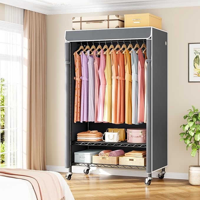 ULIFHOME P6C Rolling Clothes Rack with Cover, Covered Clothing Racks Heavy Duty, Portable Closet for Hanging Clothes, Garment Racks on Wheels, Black Closet Rack with Gray Cover, Max Load 365LBS