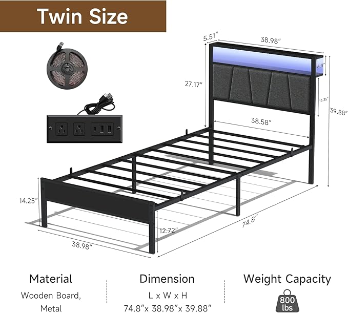 Z-hom Storage Headboard with Charging Station Twin Bed Frame, LED Bed with Upholstered Headboard and Footboard, Metal Platform Bed with 2-Tier Shelves, Easy Assembly, No Box Spring Needed, Noise Free