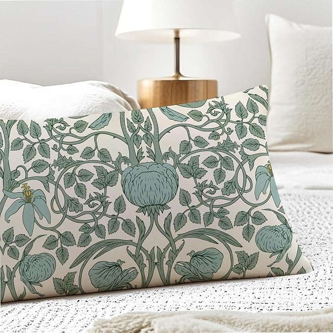 Vintage Green Floral 20x54 Body Pillow Cover, Cottagecore Room Decor, Retro Green Flowers Botanical Art Nouveau Decorative Long Body Pillow Cases for Bed Couch