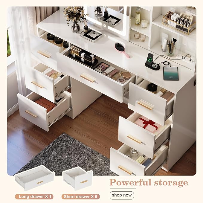 knoworld 47'' Large Vanity Desk with Mirror and Lights, 7 Drawers, 8 Storage Shelves Vanity Table, Big Makeup Vanity Desk with 3 LED Lighting Modes, Vanity Dresser with Outlet, Sliding Mirror (White)