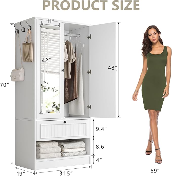Einhomn 70" Armoire Wardrobe Closet with Doors & Mirror,Wooden Wardrobe with Drawers and 3 Side Hooks,Large Freestanding Bedroom Storage Wardrobe Cabinet,White