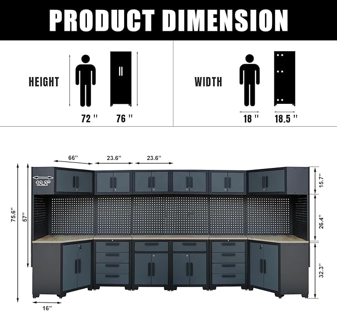 Garage Storage Cabinet System,2×8Pcs Garage Cabinets and Storage System Corner Workshop Set with Corner Cabinet, Cabinet Drawers, Workbench, Pegboard for Tool Organization, Black and Grey