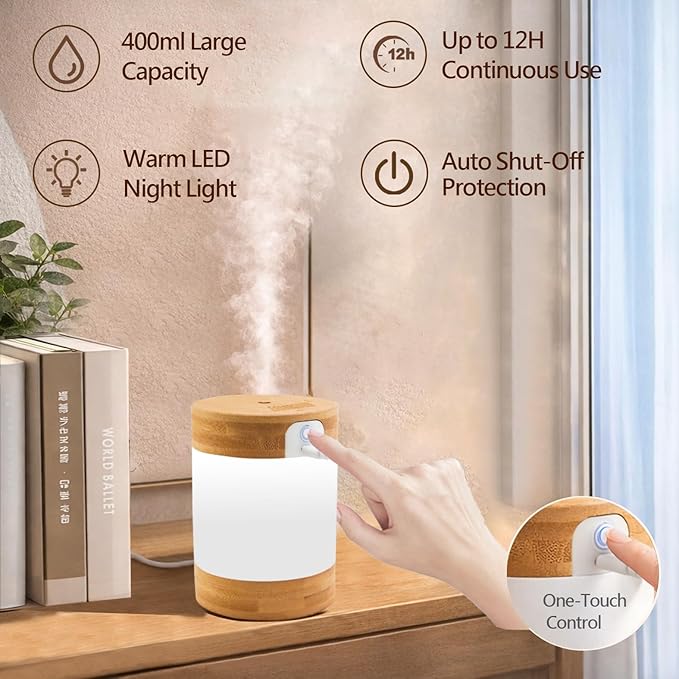 Bamboo Ultrasonic Mini Humidifier, 400ml Quiet Desktop Humidifier with Dual LED Night Light, USB-C Powered, Auto Shut-Off, Portable Small Room Air Moisturizer for Bedroom, Desk, Office & Travel