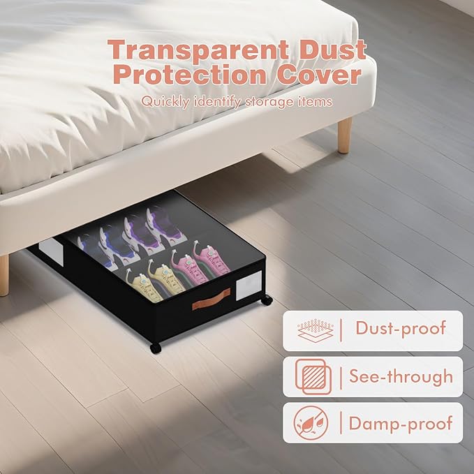 Under Bed Storage with Wheels - Rolling Underbed Containers with PVC Clear Lid & Dividers, 600D Oxford Fabric, PU Leather Handles, Adjustable Magic Tape Partition, XXL 66L, Black