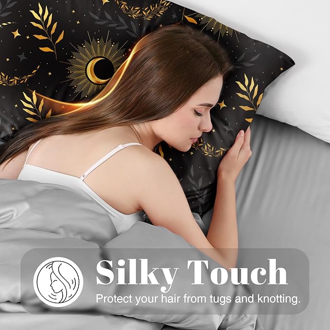 EXQ Home Satin Pillowcase for Hair and Skin Body- Multicolor Printed Black Moon Silk Pillowcase 20x54 inches - Body Pillow Cases with Envelope Closure, Gifts for Women