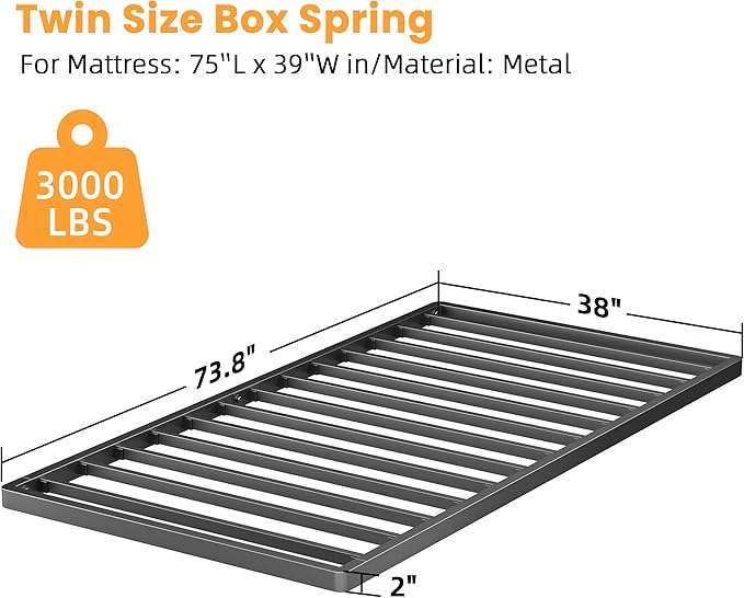 VIPSHOW 2 Inch Twin Metal Box Spring with Round Corners - 3000 lbs Capacity, Low Profile Bed Slat Replacement Bunkie Board with Steel Slats, Noise-Free, Easy Assemble, Black