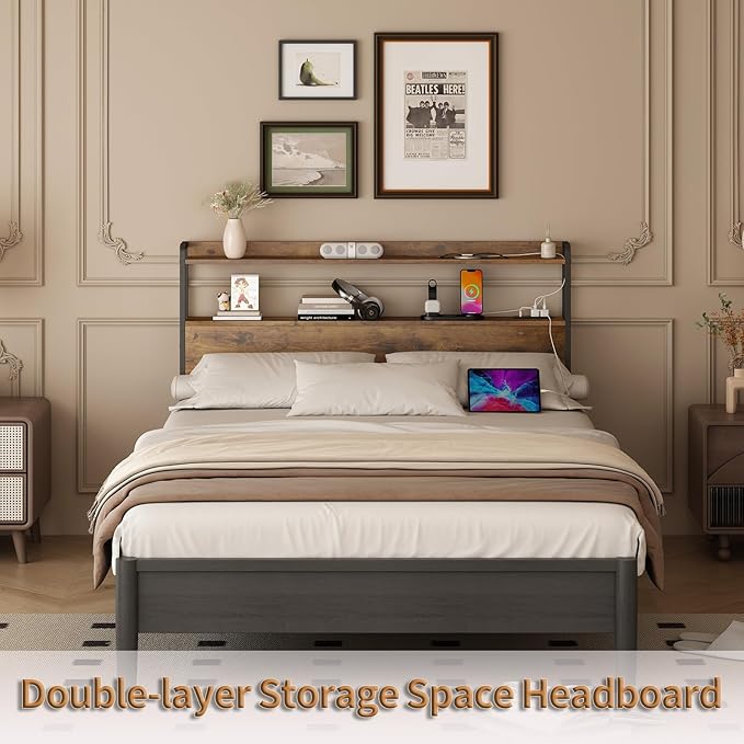 METYERRY Adjustable Full Size Headboard with Outlets, USB Ports,Type-C LED Lights, and Storage, Rustic Brown, Sturdy Bed Frame Headboard for Enhanced Comfort and Functionality, Full Size