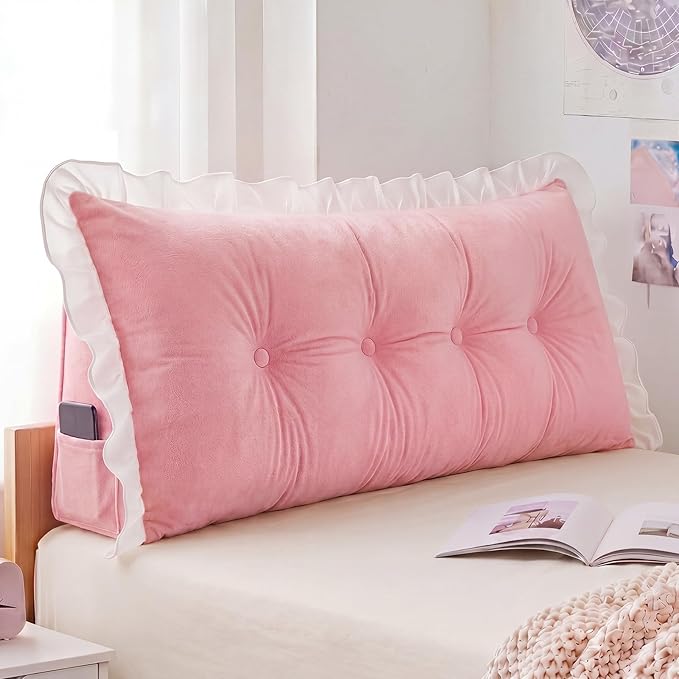 Leinuosen 39 in Ruffle Wedge Headboard Pillow for Dorm Twin XL College Bed Reading Bolster Dorm Velvet Triangular Bed Backrest Wedge Pillow Cushion for College Reading Support(Pink)