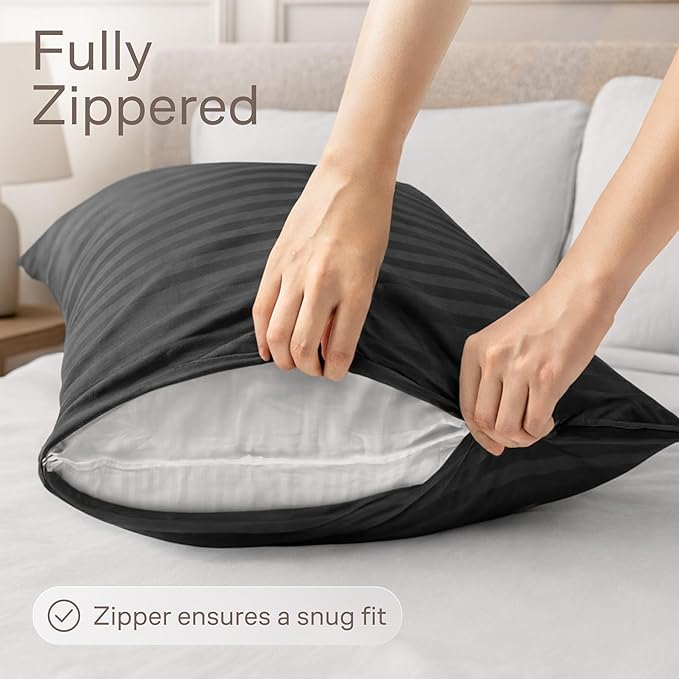 Ultra Soft Pillow Protectors with Zipper Queen Size - Set of 4 Breathable Pillow Covers - 100% Protection Against Stains, Dust & Dirt - Machine Washable (Striped Black)