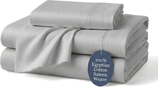 100% Egyptian Cotton Sheets Twin Light Grey - Luxury Hotel Collection Twin Size Sheet Set, Cooling & Breathable Sateen Weave, Anti Pilling Extra Long Staple Cotton, 16" Deep Pocket - 4Pc