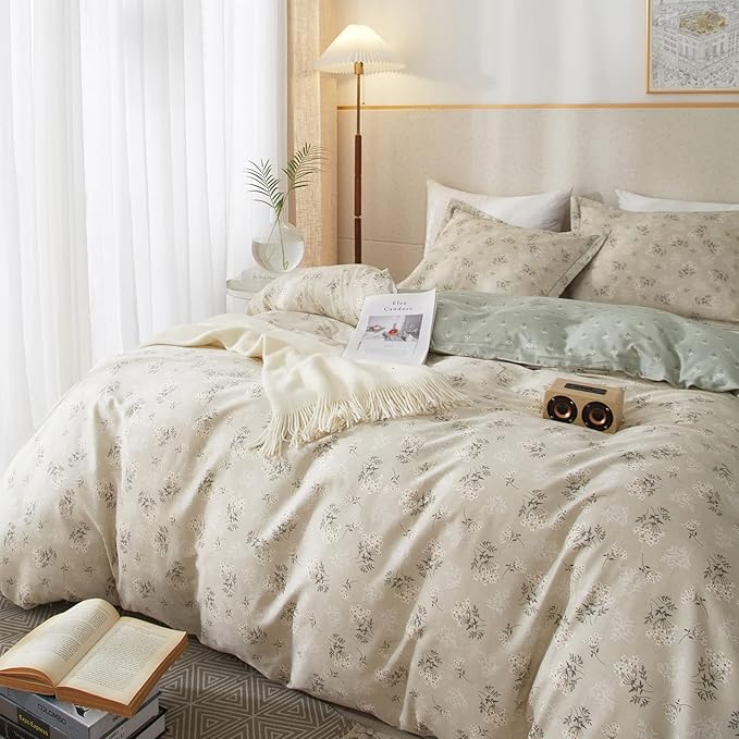 mixinni Duvet Cover Set Floral Queen Size 100% Cotton Bedding Flower Green Leaves on Beige Comforter Cover Set (1 Duvet Cover+ 2 Pillowcases) for Her and Him-Easy Care, Soft and Durable Queen Size