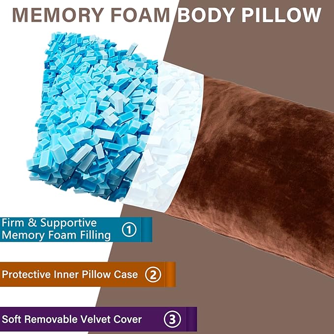 1 MIDDLE ONE Body Pillow, Memory Foam Body Pillows for Adults Sleeping, Long Pillow for Bed, Big Large Firm Full Body Pillow for Side Sleeper, 20x54 Inch, Coffee