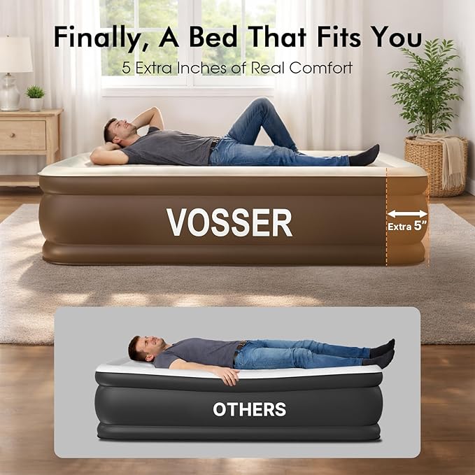 VOSSER Twin XL Air Mattress with Built-in Pump, 18" Raised 80“ Extra Long Inflatable Blow Up Mattress, Flocked Top Single Air Bed for Home, Guests & Camping, Thick Twin Size Air Mattress