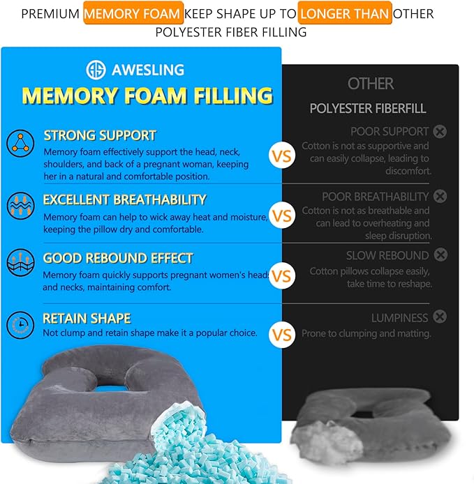 Shredded Memory Foam Body Pillow, Pregnancy Pillows for Sleeping, Maternity Pillow for Pregnant Women, Memory Foam Filling U Shaped Body Pillow with Velvet Cover (Black, 60 inch)