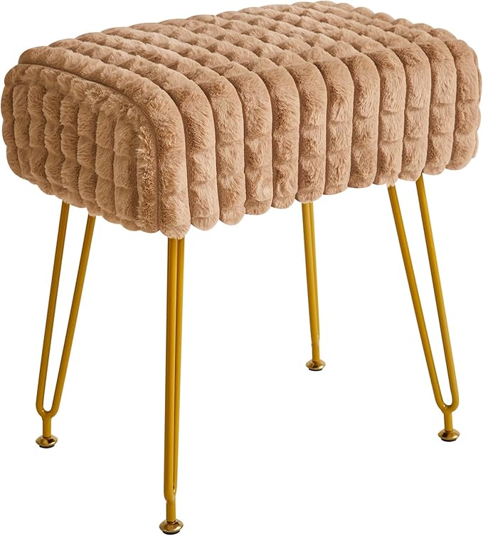 IBUYKE Rectangular Footrest Stool Ottoman, Makeup Vanity Stool Side Table, Velvet Dressing Table Seat, Footstool Chair, Golden Steel Legs, for Makeup Room, Bedroom, Square Grid Pattern, Khaki WBD003K
