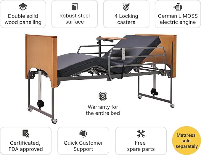 Electric Hospital Bed for Home Use – 5 Functions, Advanced German LIMOSS Motor, Ultra-Low 8.5"–25" Adjustable Height, Double Solid Wood Panels with Medical Overbed Table & Foldable Rails