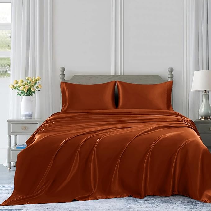 Homiest 4pcs Satin Sheets Set Luxury Silky Satin Bedding Set with Deep Pocket, 1 Fitted Sheet + 1 Flat Sheet + 2 Pillowcases (Full Size, Burnt Orange)