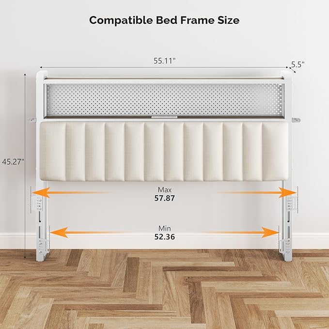 VINGLI Full Size Headboard for Bed,Headboards with Storage, Charging Stations and LED Lights, 2 Tier Shelves and Pegboard, Modern Bed Head Board, Adjustable Height, Upholstered Fabric, White