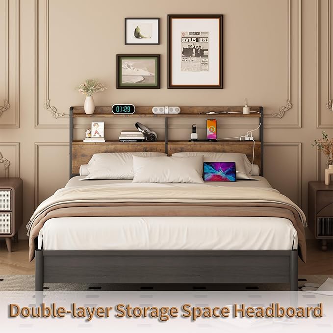 METYERRY Headboard for Queen Size Bed Frame with Storage, Height Adjustable, Headboards with Outlets, USB Ports, Type-C, LED Light, Sturdy and Stable Headboard, Black Oak,Bed Frame NOT Included