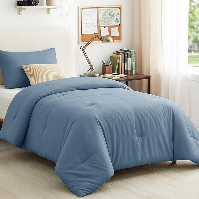 CozyLux Twin Comforter Set Grayish Blue, 2 Pieces Twin Extra Long Solid Breathable Bedding Set for College Dorm, Twin XL Dusty Blue Luxury Soft Bed Set with Down Alternative Comforter and 1 Pillowcase