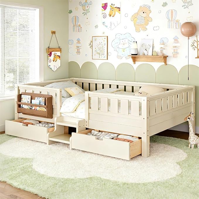 Bellemave Queen Bed with Storage Drawers & Bookshelf, Low Profile Kids Bed Frame with Staircase & Full Length Guardrails, Solid Wood Queen Bed for Kids with Slats Load 550LBS, Easy Assembly, Beige