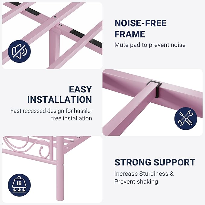 Allewie Queen Size Bed Frame with Headboard,Metal Bed Frame with Butterfly Pattern Design Headboard & Footboard,No Box Spring Needed,Easy Assembly,Pink