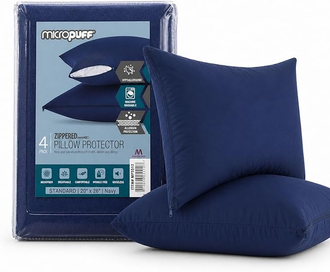 Micropuff Navy Standard Size Pillow Protectors with Zipper - 4 Pack - Soft and Breathable Hypoallergenic Pillow Cover. Pillowcase Protects Against Stains, Spills, and Perspiration. (20 x 26)