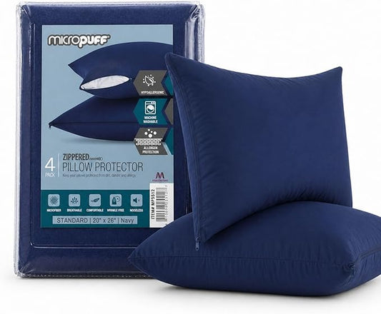 Micropuff Navy Standard Size Pillow Protectors with Zipper - 4 Pack - Soft and Breathable Hypoallergenic Pillow Cover. Pillowcase Protects Against Stains, Spills, and Perspiration. (20 x 26)