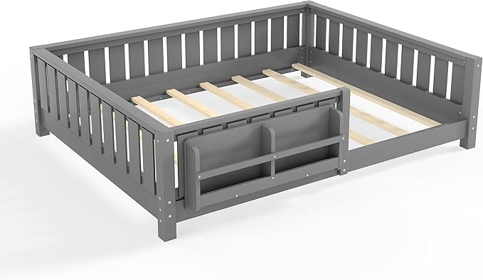 Bellemave Full Size Kids Montessori Bed with Bookshelf,Solid Wood Full Floor Bed Frame with Fence and Slats for Girls Boys,Low-Profile,Gray