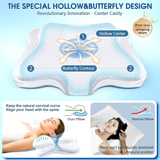 CHxxy Memory Foam Pillows, Cervical Pillow for Neck and Shoulder Pain Relief, Ergonomic Contour Bed Pillow, Soft for Side Sleep Stomach Sleeping and Back Sleeper-Queen Size&White