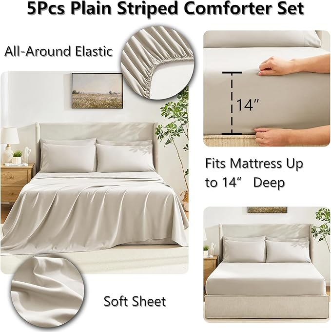 CozyLux Twin Comforter Set with Sheets Beige, 5 Pieces Bed in a Bag, Beige Comforter Twin Size, All Season Bedding Set with Stitch Quilted Comforter, Flat Sheet, Fitted Sheet, Pillowcases