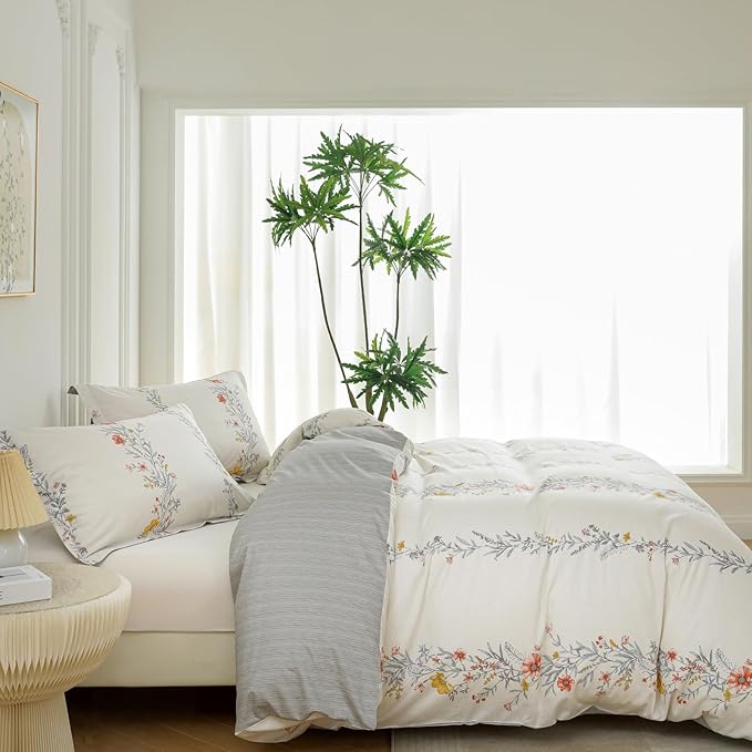 OAITE Duvet Cover Set Queen Size Floral Pattern Ultra Soft 100% Cotton Duvet Cover Sets 3-PC, Breathable Duvet Cover with Zipper Closure & Corner Ties(2 Pillow Shams,1 Duvet Cover)