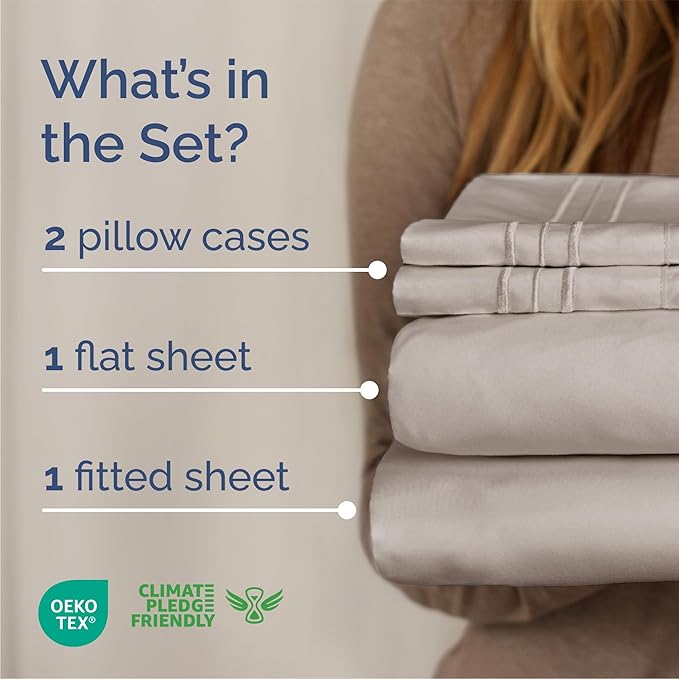 Full Size 4 Piece Sheet Set - Comfy Breathable & Cooling Sheets - Hotel Luxury Bed Sheets for Women and Men - Deep Pockets, Easy-Fit, Soft and Wrinkle Free Sheets - Light Grey Oeko-Tex Bed Sheet Set