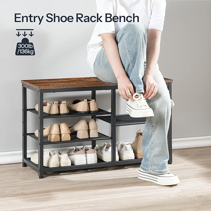 HOOBRO Shoe Bench, 5-Tier Shoe Rack Bench with Mesh Shelves, Shoe Organizer, Industrial Shoe Storage Bench for Entryway, Easy Assembly, 11 x 31.5 x 19.7 Inches, Rustic Brown and Black BF36HX01