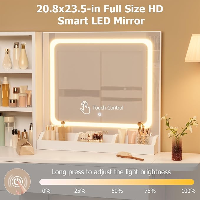 GarveeHome Makeup Vanity Desk with Mirror and Lights, Vanity Table Set with Drawer & Power Outlet & Chair & 3 Shelves, Bedroom, White