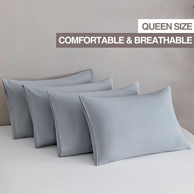 MINIPANDA Light Grey Pillow Cases Set of 4 Queen Size - Gray Pillow Cases Super Soft, Smooth and Breathable - Envelope Design - Machine Washable Lightweight (20X30 Inches (4 PIECE))