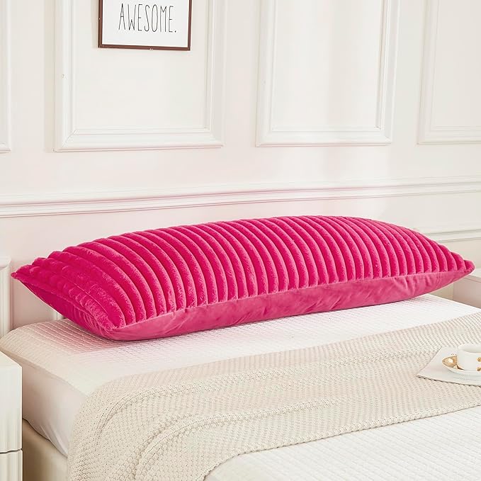 JAUXIO Faux Fur Fluffy Body Pillow Cover Luxury Textured Vertical Stripe Plush Decorative Body Pillowcase, Ultra Soft and Cozy Zipper Closure 21 x 54 Inches, Hot Pink