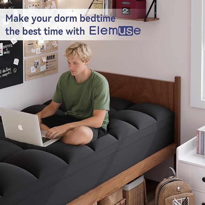 ELEMUSE Twin XL Black Mattress Topper for Dorm Bed, College Dorm Room Essentials for Girls&Guys, Soft Comfortable Bed Upgrade for Back to School, Apartment&Rental Use