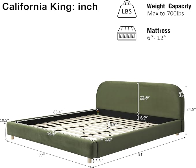 Merax California King Size Teddy Fleece Thick Fabric Upholstered Platform Bed with Curved Shaped Headboard, Wood Bed Frame with Solid Round Legs for Kids Teens Adults, Olive Green
