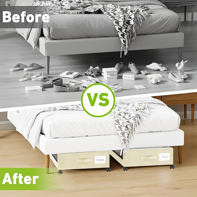 Beborxue Under Bed Storage with Wheels, 2-Pack Under the Bed Storage Containers with Lids, XXL 60L Under Bed Shoes Storage Organizer Bins, Rolling Underbed Storage for Clothes, Shoes, Blankets (Beige)